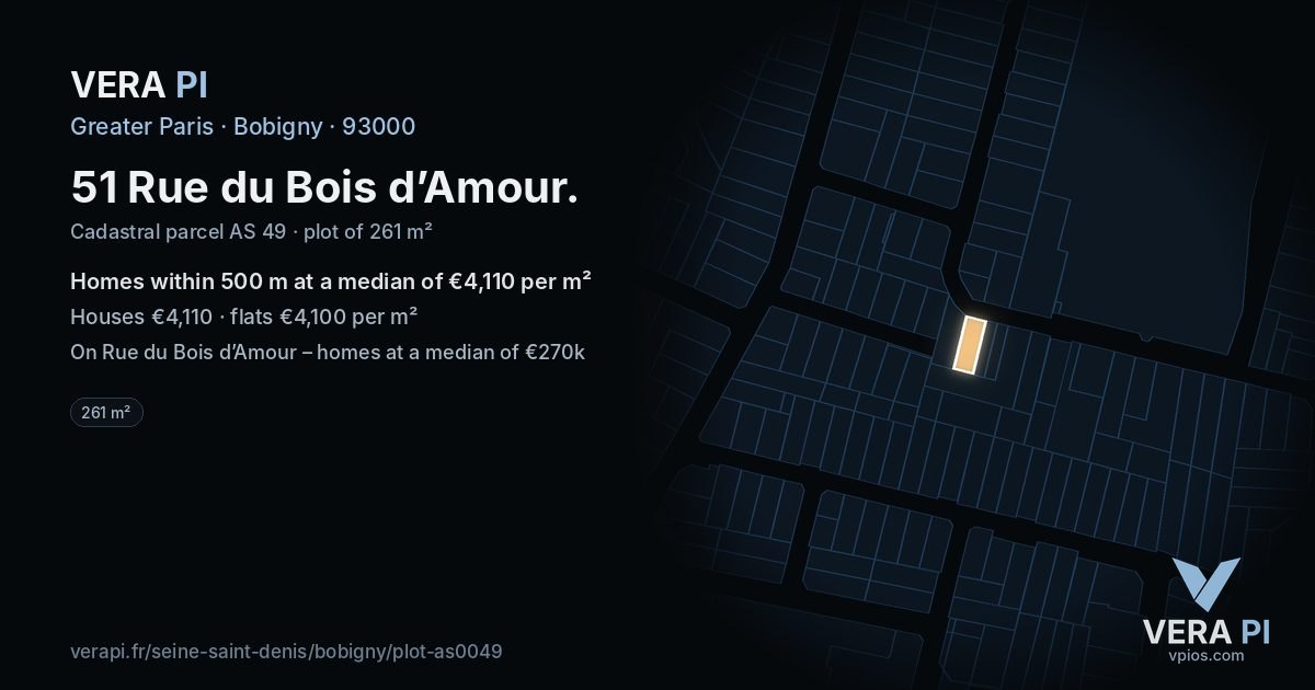 51 Rue du Bois d’Amour, Bobigny at night – the plot lit, the parcels around coloured by the prices near them