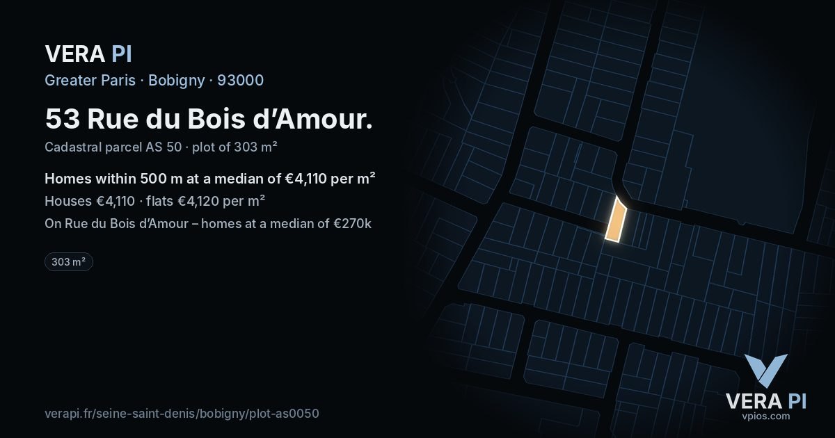 53 Rue du Bois d’Amour, Bobigny at night – the plot lit, the parcels around coloured by the prices near them