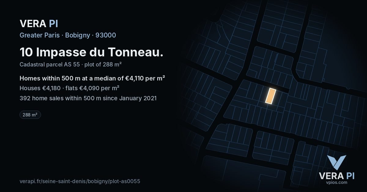 10 Impasse du Tonneau, Bobigny at night – the plot lit, the parcels around coloured by the prices near them