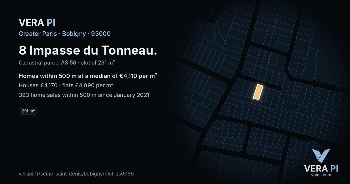 8 Impasse du Tonneau, Bobigny at night – the plot lit, the parcels around coloured by the prices near them