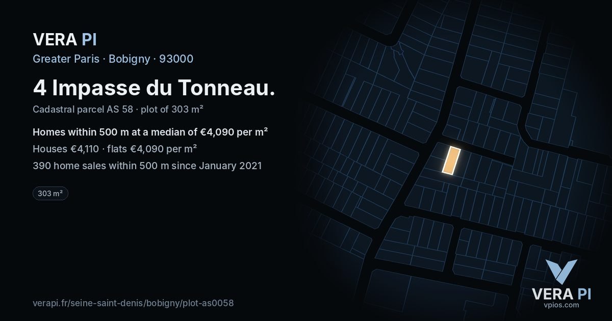 4 Impasse du Tonneau, Bobigny at night – the plot lit, the parcels around coloured by the prices near them