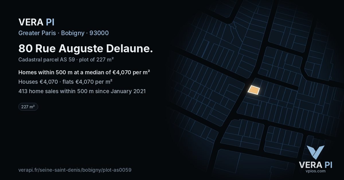 80 Rue Auguste Delaune, Bobigny at night – the plot lit, the parcels around coloured by the prices near them