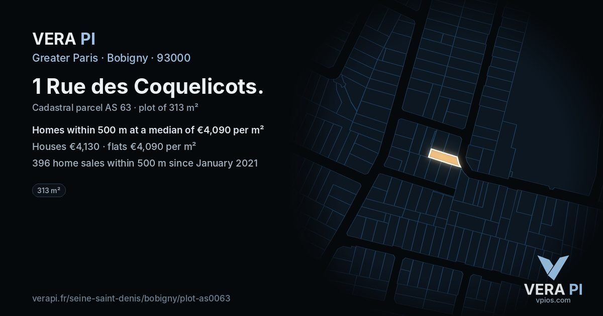 1 Rue des Coquelicots, Bobigny at night – the plot lit, the parcels around coloured by the prices near them