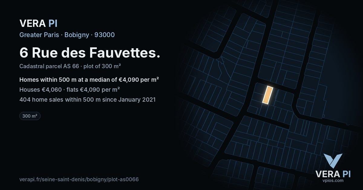 6 Rue des Fauvettes, Bobigny at night – the plot lit, the parcels around coloured by the prices near them
