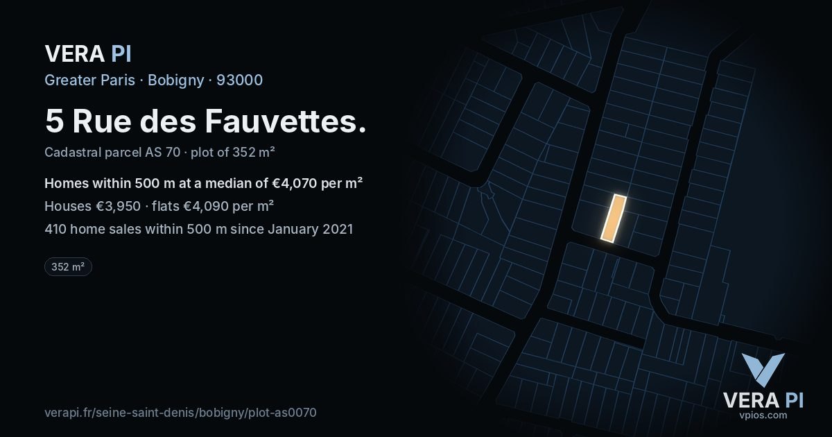5 Rue des Fauvettes, Bobigny at night – the plot lit, the parcels around coloured by the prices near them