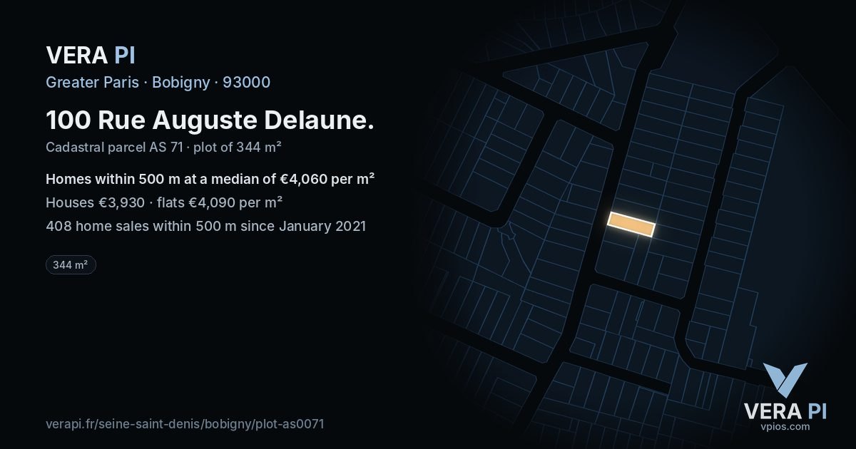 100 Rue Auguste Delaune, Bobigny at night – the plot lit, the parcels around coloured by the prices near them