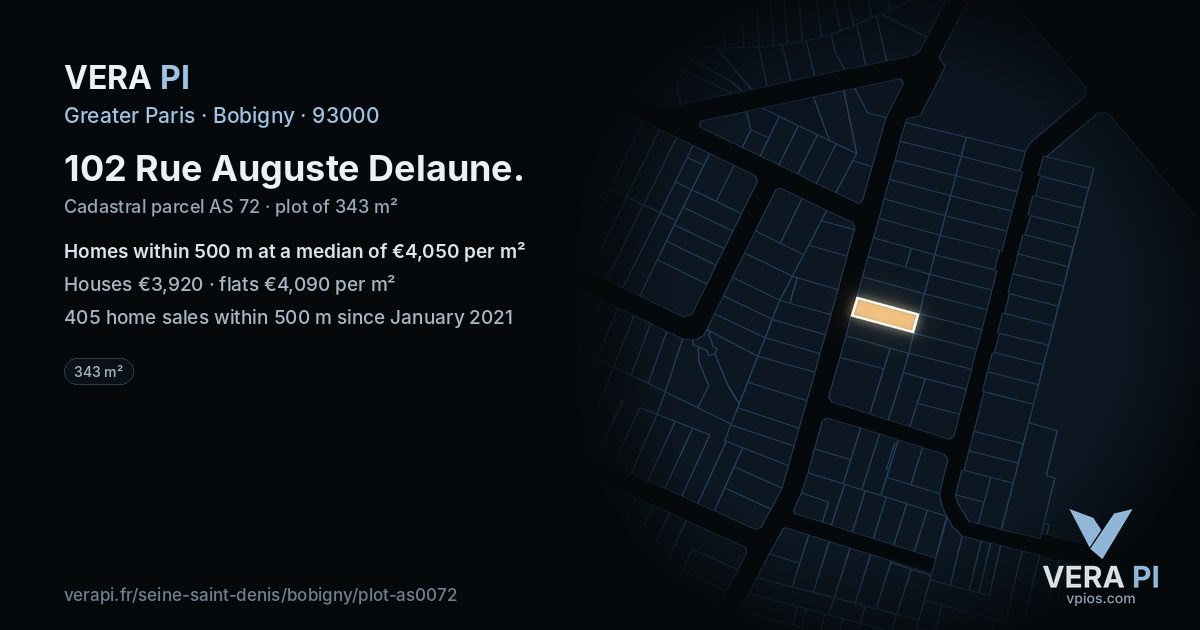 102 Rue Auguste Delaune, Bobigny at night – the plot lit, the parcels around coloured by the prices near them