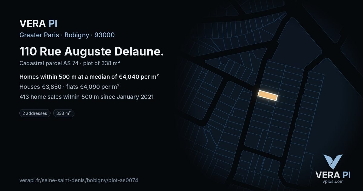 110 Rue Auguste Delaune, Bobigny at night – the plot lit, the parcels around coloured by the prices near them
