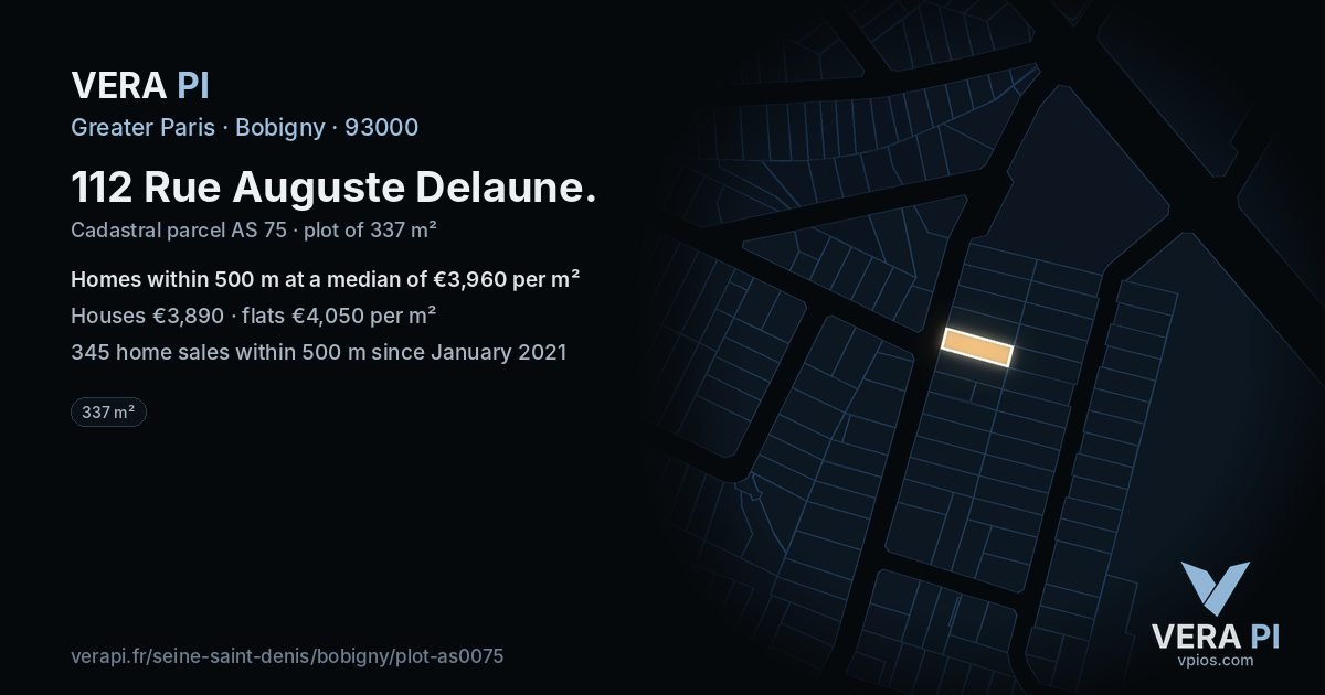 112 Rue Auguste Delaune, Bobigny at night – the plot lit, the parcels around coloured by the prices near them