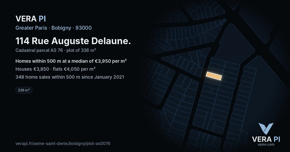 114 Rue Auguste Delaune, Bobigny at night – the plot lit, the parcels around coloured by the prices near them