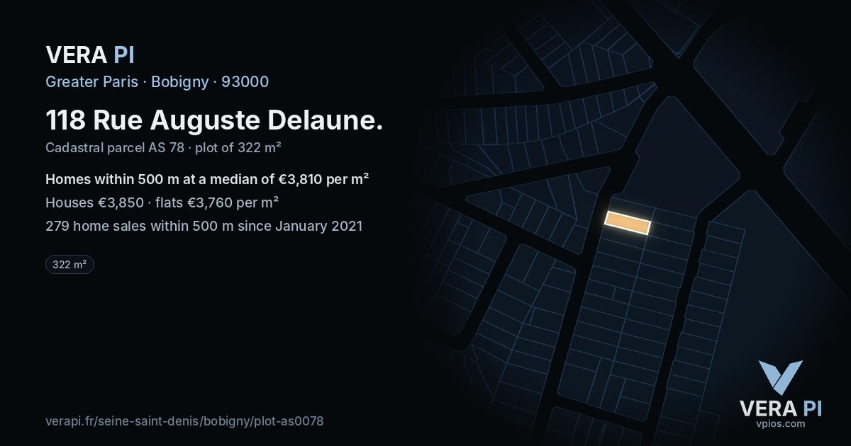 118 Rue Auguste Delaune, Bobigny at night – the plot lit, the parcels around coloured by the prices near them