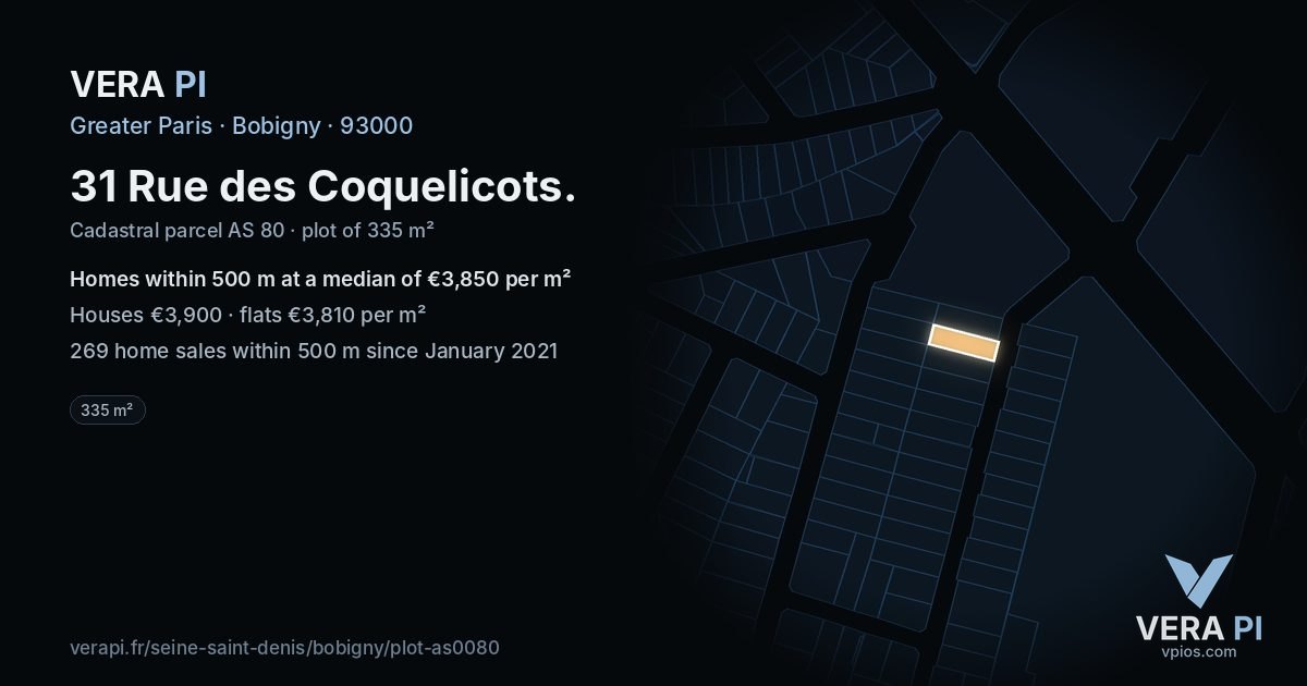 31 Rue des Coquelicots, Bobigny at night – the plot lit, the parcels around coloured by the prices near them
