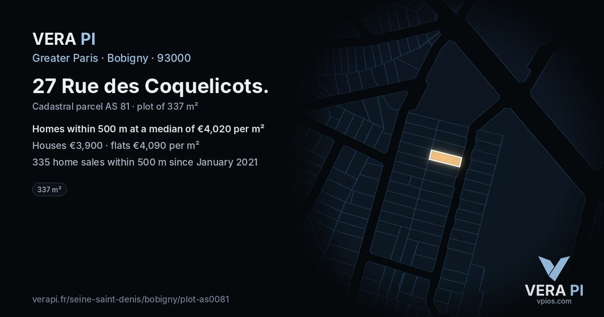 27 Rue des Coquelicots, Bobigny at night – the plot lit, the parcels around coloured by the prices near them