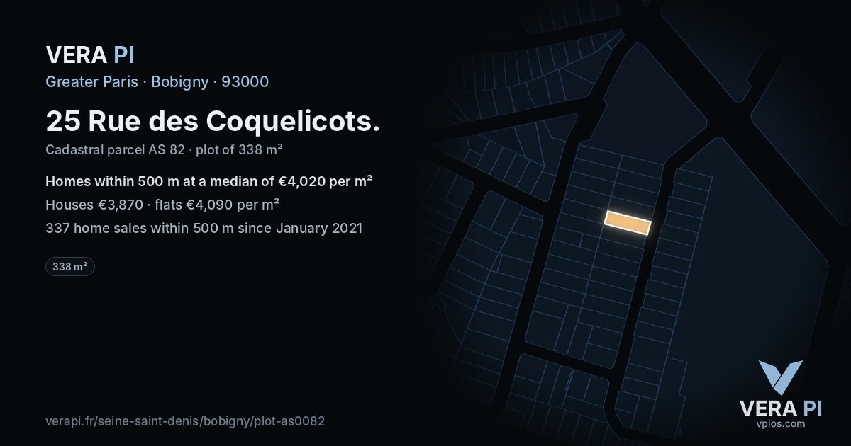 25 Rue des Coquelicots, Bobigny at night – the plot lit, the parcels around coloured by the prices near them