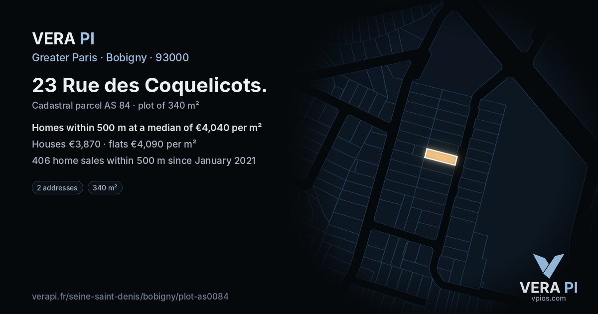 23 Rue des Coquelicots, Bobigny at night – the plot lit, the parcels around coloured by the prices near them