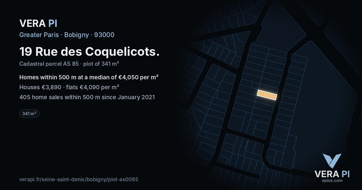 19 Rue des Coquelicots, Bobigny at night – the plot lit, the parcels around coloured by the prices near them