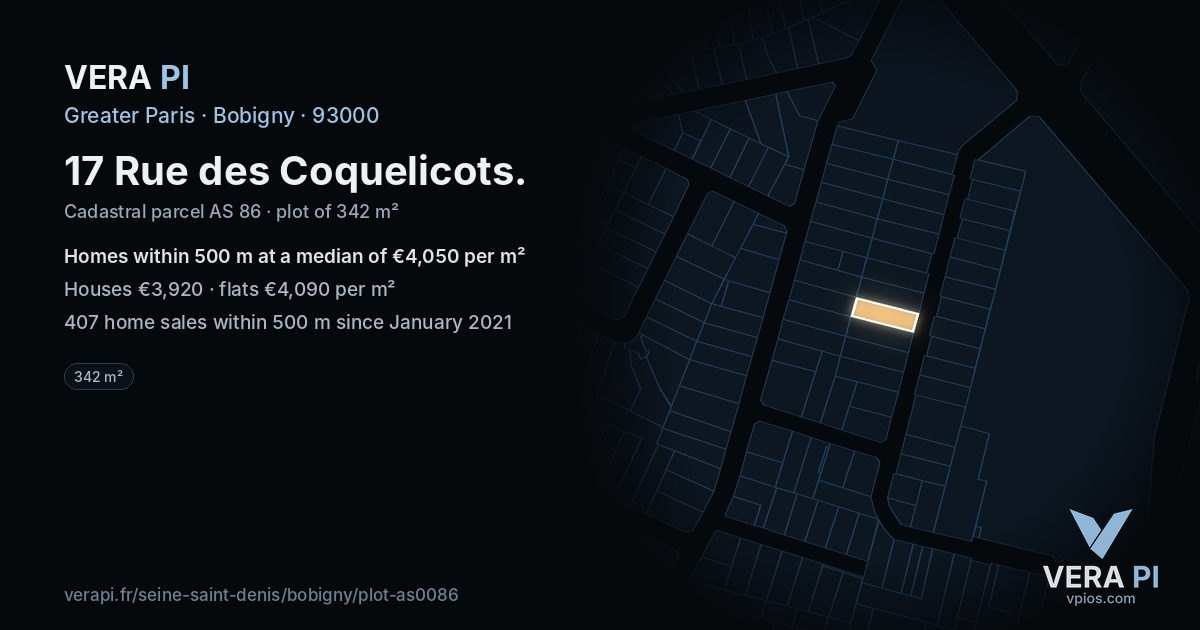 17 Rue des Coquelicots, Bobigny at night – the plot lit, the parcels around coloured by the prices near them