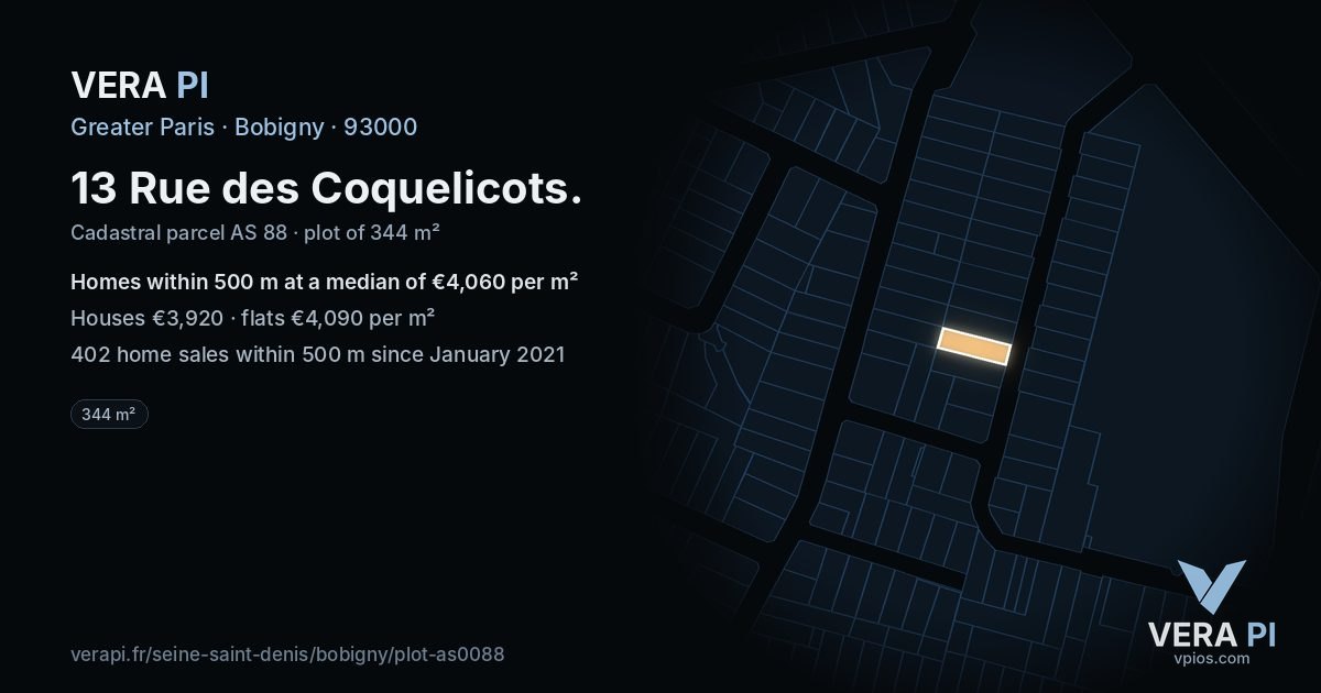 13 Rue des Coquelicots, Bobigny at night – the plot lit, the parcels around coloured by the prices near them