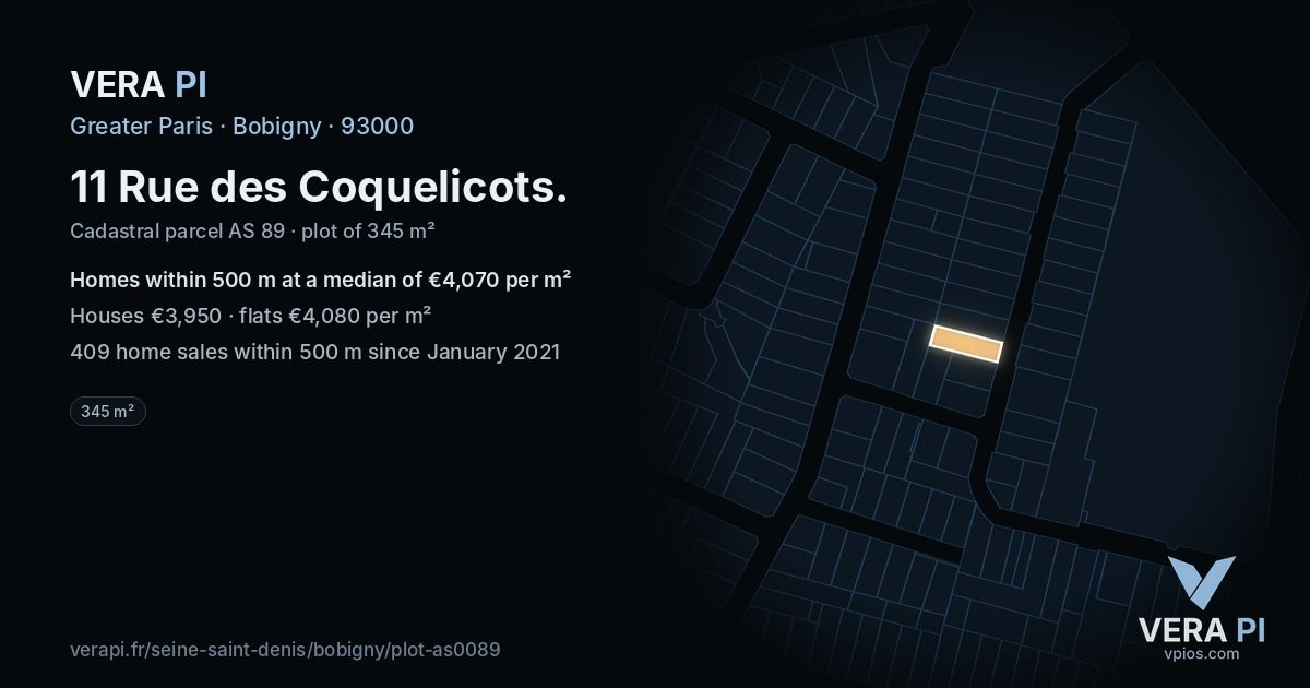 11 Rue des Coquelicots, Bobigny at night – the plot lit, the parcels around coloured by the prices near them
