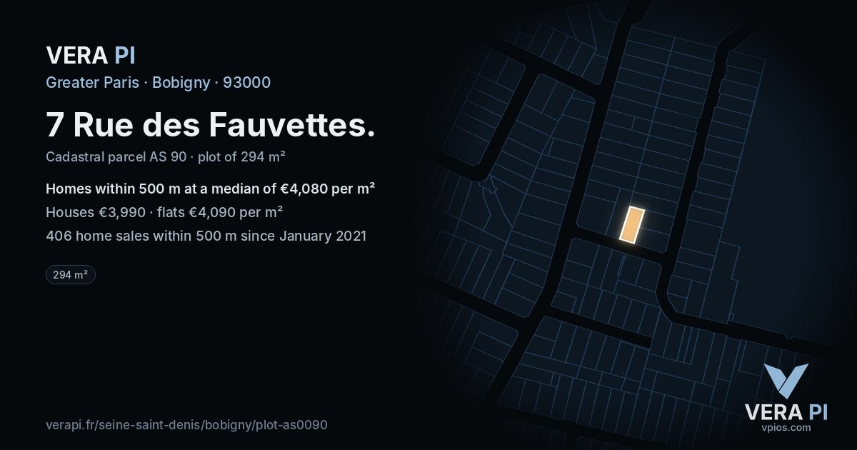 7 Rue des Fauvettes, Bobigny at night – the plot lit, the parcels around coloured by the prices near them