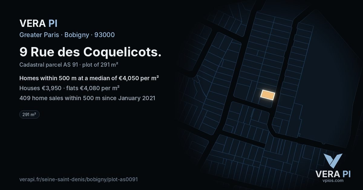 9 Rue des Coquelicots, Bobigny at night – the plot lit, the parcels around coloured by the prices near them