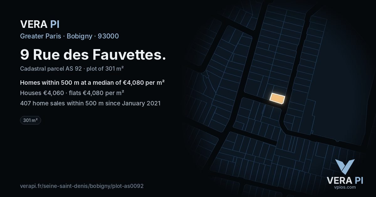 9 Rue des Fauvettes, Bobigny at night – the plot lit, the parcels around coloured by the prices near them