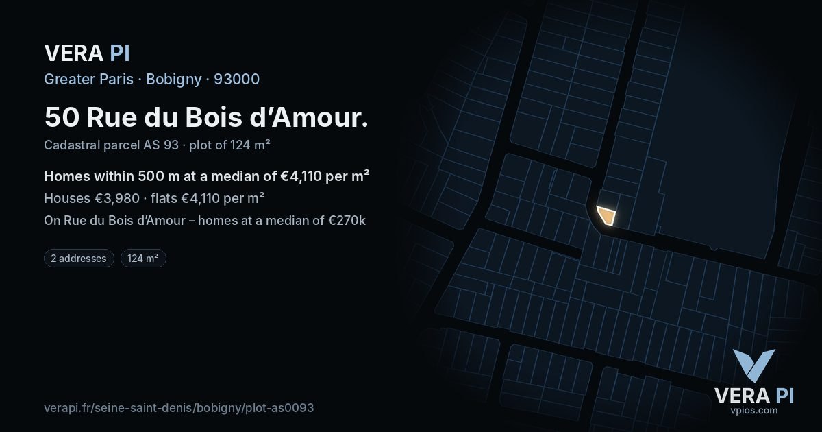 50 Rue du Bois d’Amour, Bobigny at night – the plot lit, the parcels around coloured by the prices near them