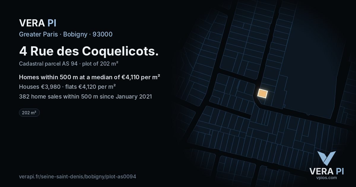 4 Rue des Coquelicots, Bobigny at night – the plot lit, the parcels around coloured by the prices near them
