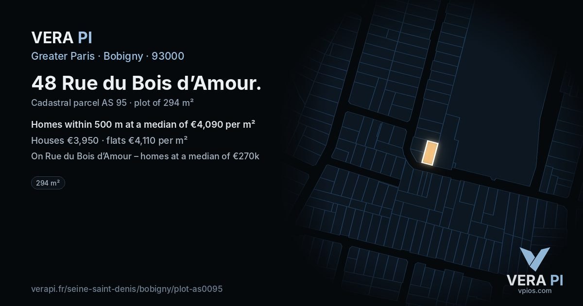 48 Rue du Bois d’Amour, Bobigny at night – the plot lit, the parcels around coloured by the prices near them