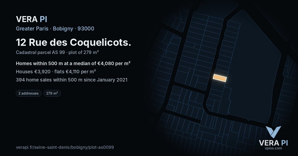 12 Rue des Coquelicots, Bobigny at night – the plot lit, the parcels around coloured by the prices near them