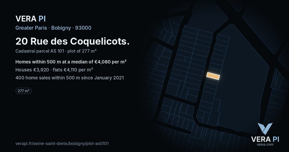 20 Rue des Coquelicots, Bobigny at night – the plot lit, the parcels around coloured by the prices near them