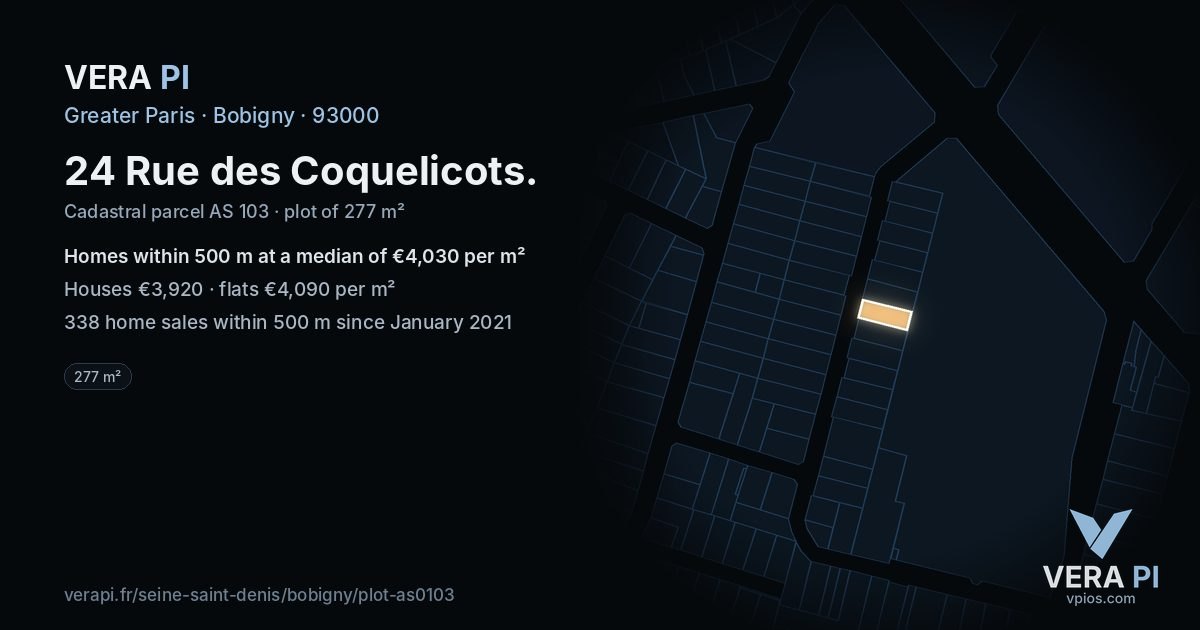 24 Rue des Coquelicots, Bobigny at night – the plot lit, the parcels around coloured by the prices near them