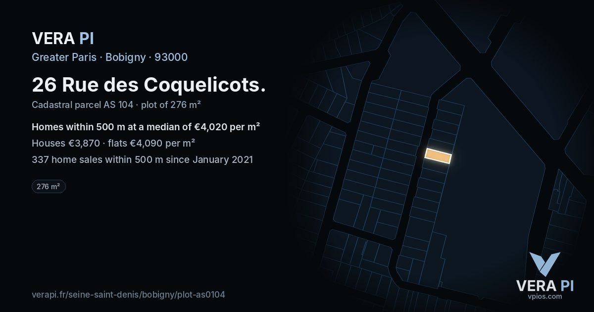 26 Rue des Coquelicots, Bobigny at night – the plot lit, the parcels around coloured by the prices near them