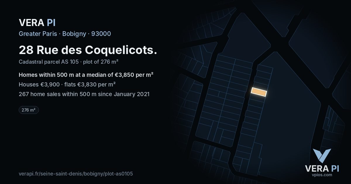 28 Rue des Coquelicots, Bobigny at night – the plot lit, the parcels around coloured by the prices near them