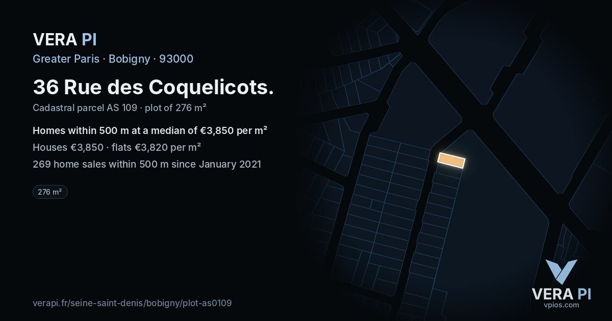 36 Rue des Coquelicots, Bobigny at night – the plot lit, the parcels around coloured by the prices near them