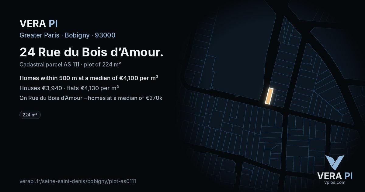 24 Rue du Bois d’Amour, Bobigny at night – the plot lit, the parcels around coloured by the prices near them
