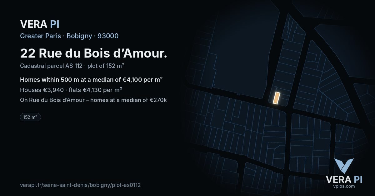 22 Rue du Bois d’Amour, Bobigny at night – the plot lit, the parcels around coloured by the prices near them