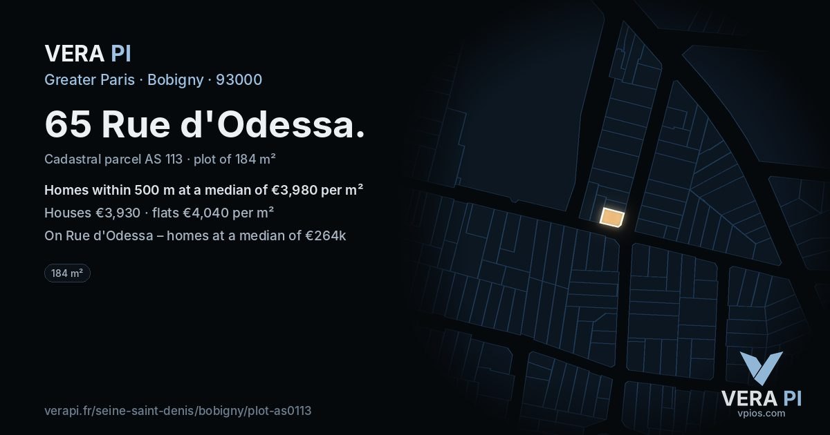 65 Rue d'Odessa, Bobigny at night – the plot lit, the parcels around coloured by the prices near them