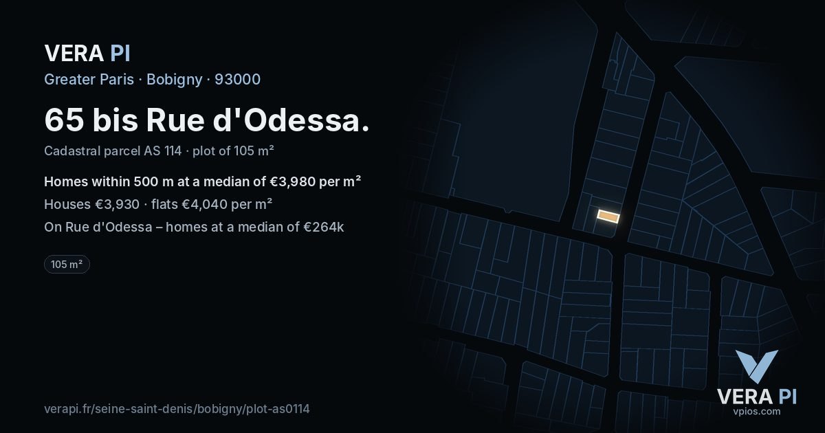 65 bis Rue d'Odessa, Bobigny at night – the plot lit, the parcels around coloured by the prices near them