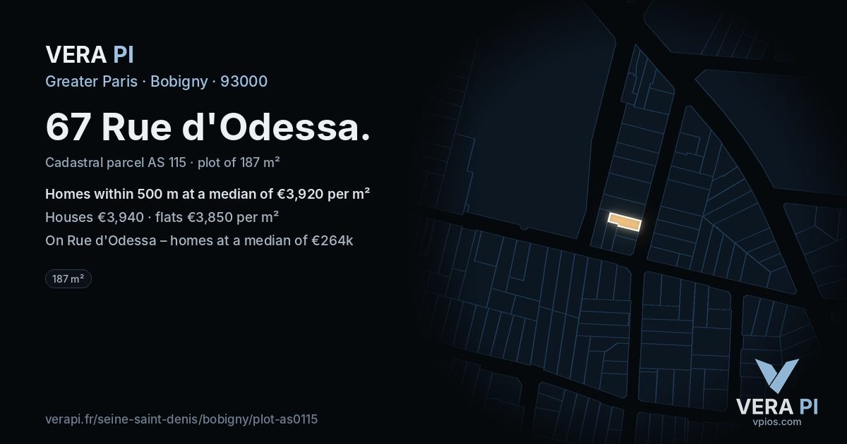 67 Rue d'Odessa, Bobigny at night – the plot lit, the parcels around coloured by the prices near them