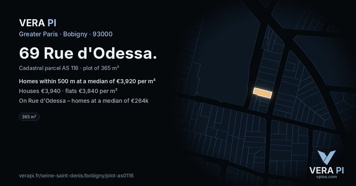 69 Rue d'Odessa, Bobigny at night – the plot lit, the parcels around coloured by the prices near them