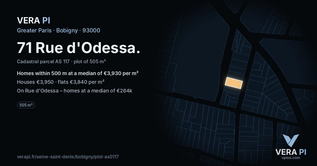 71 Rue d'Odessa, Bobigny at night – the plot lit, the parcels around coloured by the prices near them