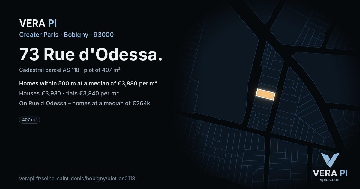 73 Rue d'Odessa, Bobigny at night – the plot lit, the parcels around coloured by the prices near them