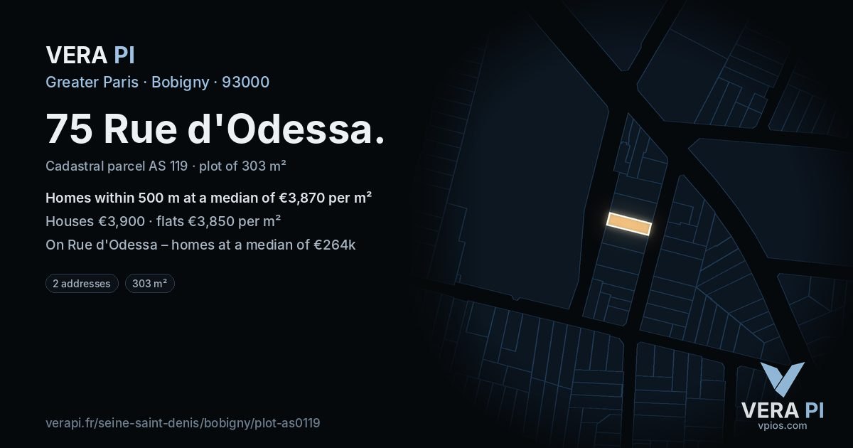 75 Rue d'Odessa, Bobigny at night – the plot lit, the parcels around coloured by the prices near them
