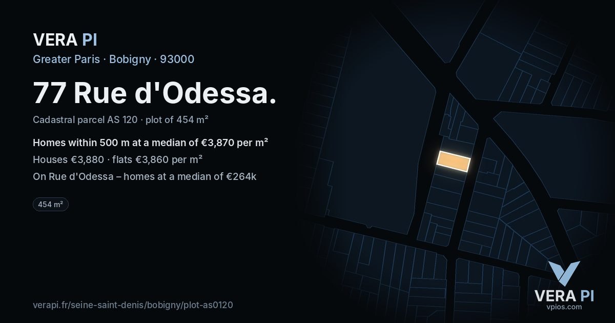 77 Rue d'Odessa, Bobigny at night – the plot lit, the parcels around coloured by the prices near them