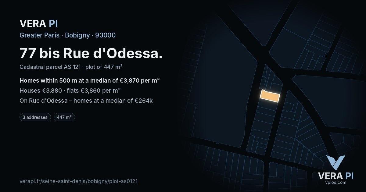 77 bis Rue d'Odessa, Bobigny at night – the plot lit, the parcels around coloured by the prices near them