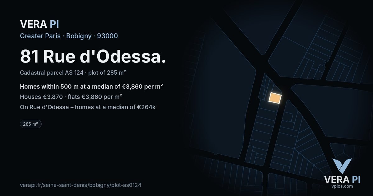 81 Rue d'Odessa, Bobigny at night – the plot lit, the parcels around coloured by the prices near them