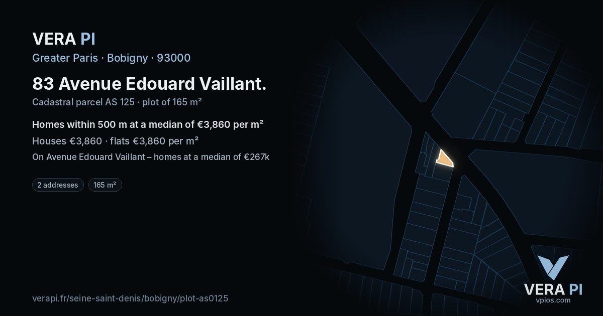 83 Avenue Edouard Vaillant, Bobigny at night – the plot lit, the parcels around coloured by the prices near them