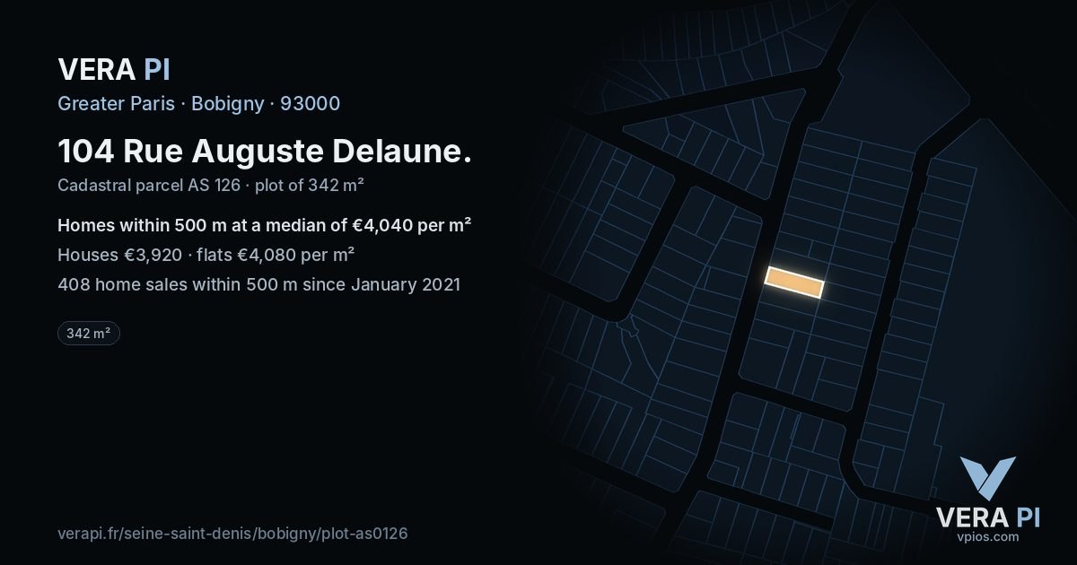 104 Rue Auguste Delaune, Bobigny at night – the plot lit, the parcels around coloured by the prices near them