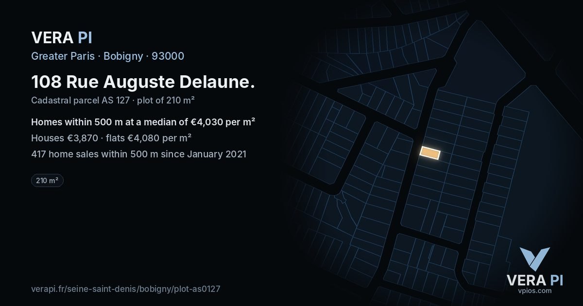 108 Rue Auguste Delaune, Bobigny at night – the plot lit, the parcels around coloured by the prices near them
